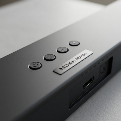 A macro view of the soundbar, featuring detailed power, volume, and input buttons, along with visible HDMI and optical ports.