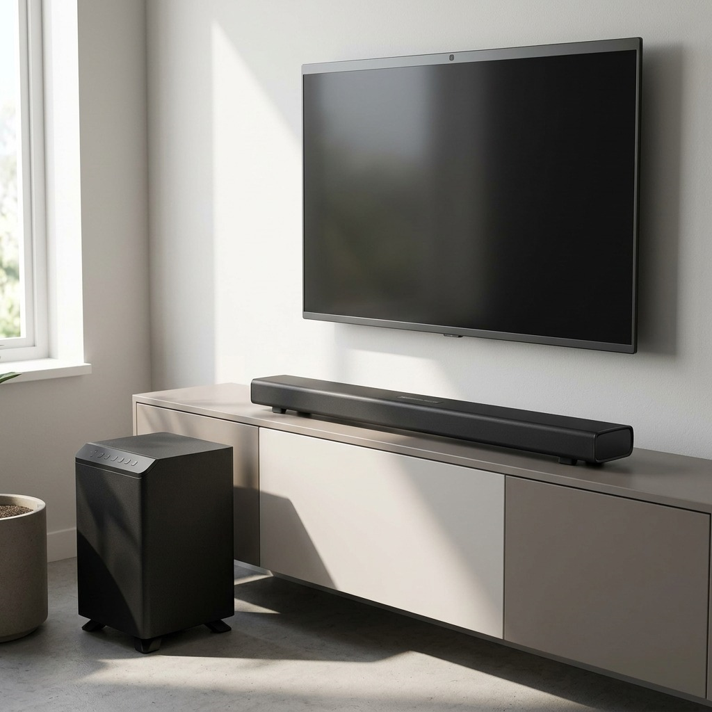 Lifestyle view of the SHARP HT-SBW53121 soundbar and subwoofer in a contemporary living room relative to a large TV.
