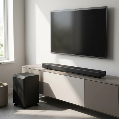 Lifestyle view of the SHARP HT-SBW53121 soundbar and subwoofer in a contemporary living room relative to a large TV.