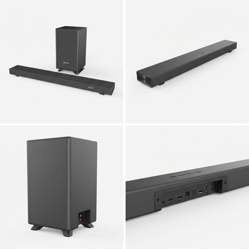 A premium ecommerce matrix image displaying the SHARP HT-SBW53121 soundbar and subwoofer from multiple angles and states.