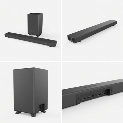 A premium ecommerce matrix image displaying the SHARP HT-SBW53121 soundbar and subwoofer from multiple angles and states.