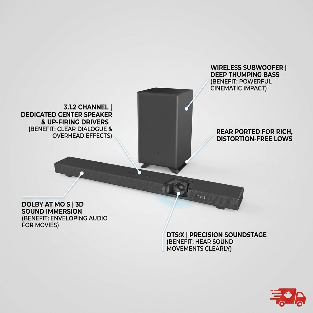 Callout matrix showcasing the SHARP Q-Series 3.1.2 Soundbar's key features.