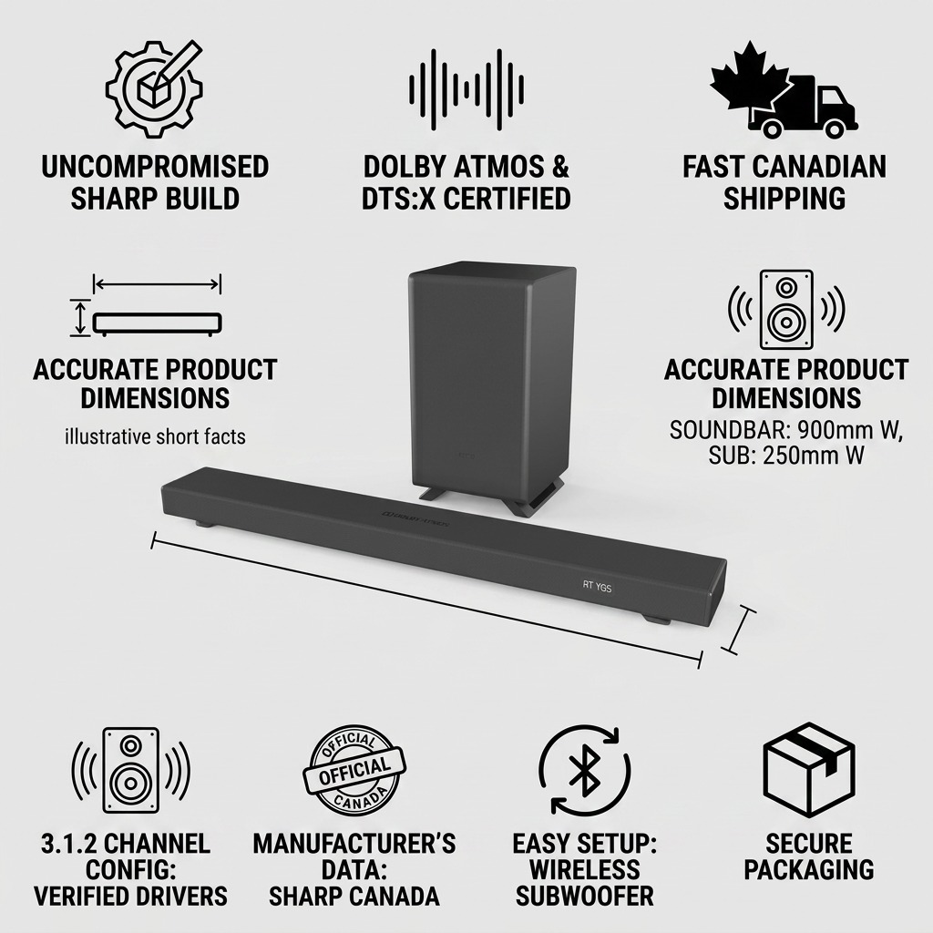 SHARP HT-SBW53121 soundbar and wireless subwoofer infographic, showcasing trust and authority with Canadian shipping and Dolby Atmos features.