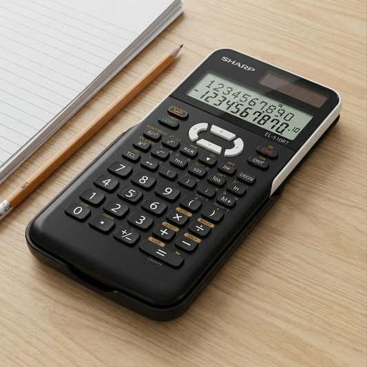 A Sharp EL-510RT calculator shown relative to a standard HB pencil and notebook for scale.