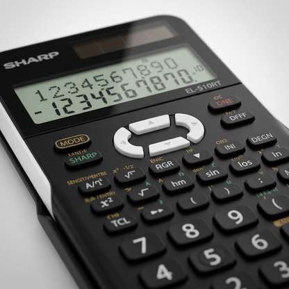 A close-up shot focusing on the tactile keys and solar panel of the SHARP EL-510RT calculator.