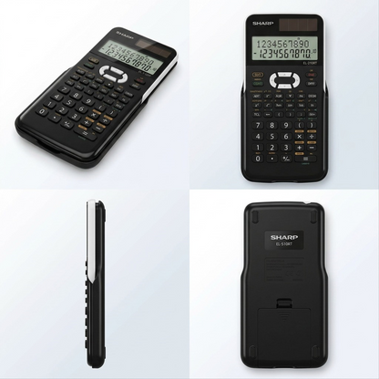 Four-panel ecommerce product grid: front, back, side, and isometric views of the Sharp EL510RT scientific calculator.