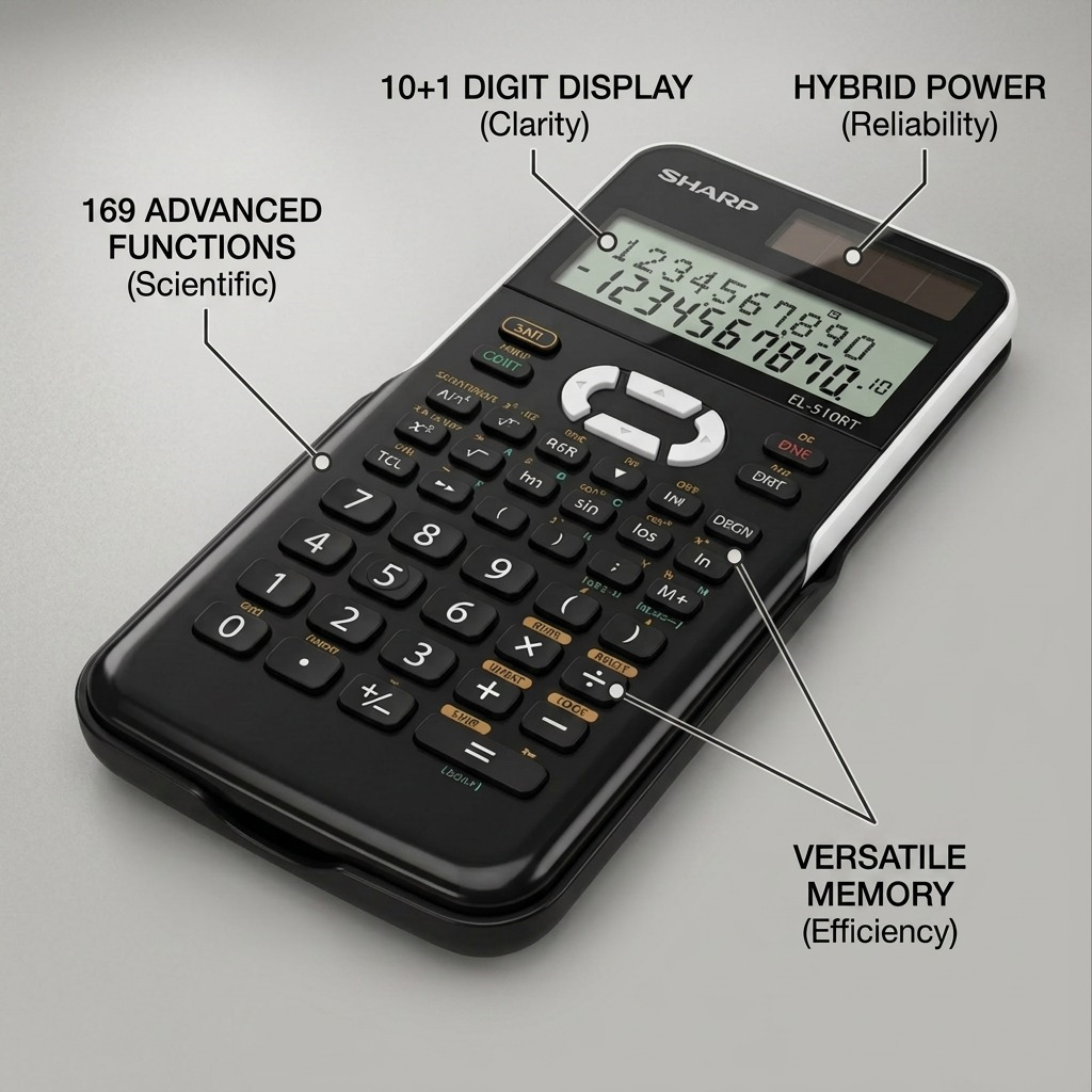 A polished feature graphic displaying a diagrammed Sharp EL510RT calculator with key functional callouts.