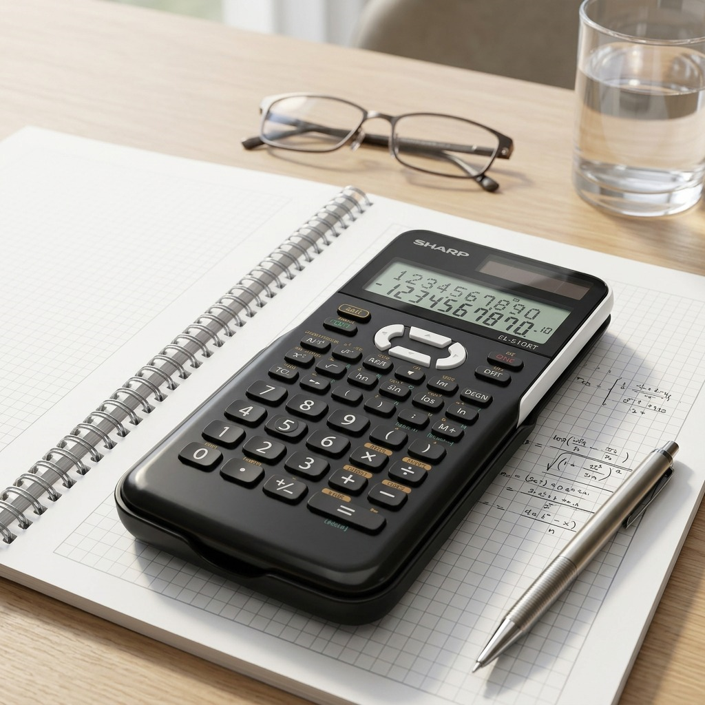 Realistic lifestyle photo: A SHARP EL510RT calculator on a desk with notebooks and a pen.