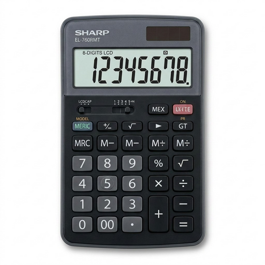 High-resolution hero shot of the Sharp EL-760RMT desktop calculator with full display showing 12345678.