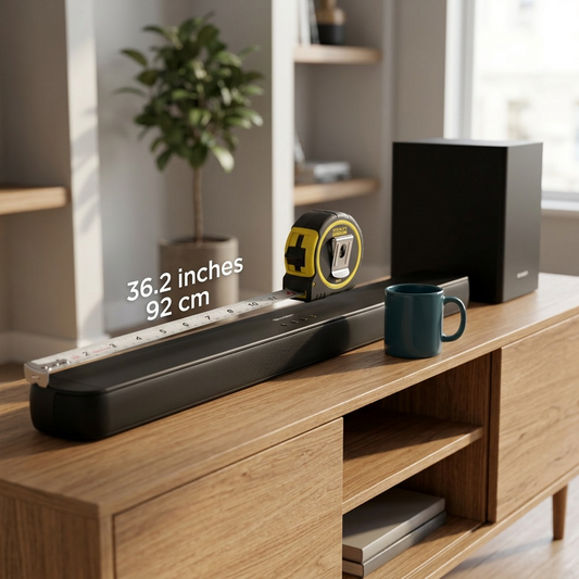 SHARP HT-SBW192 sound bar and subwoofer measured with a 36-inch tape and coffee mug on a wooden console.