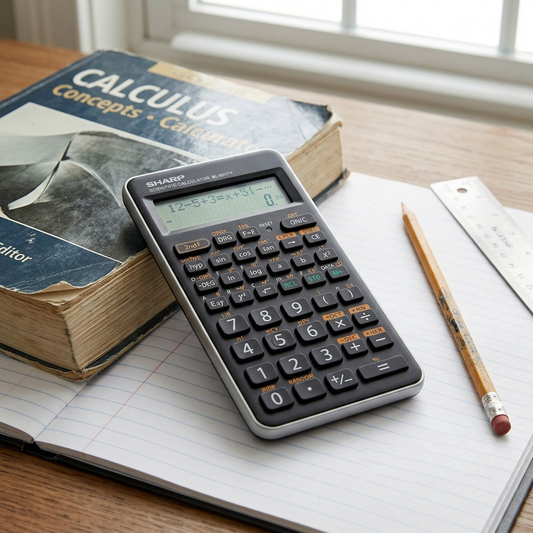 A sharp EL-501XTGY scientific calculator on an open textbook, alongside a pencil and ruler.
