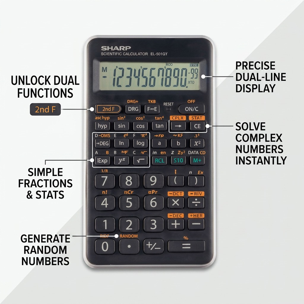 A detailed operational graphic of the SHARP EL501XTGY scientific calculator with labels highlighting its functions, including dual-line display, dual function keys, and statistical processing.