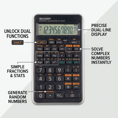 A detailed operational graphic of the SHARP EL501XTGY scientific calculator with labels highlighting its functions, including dual-line display, dual function keys, and statistical processing.