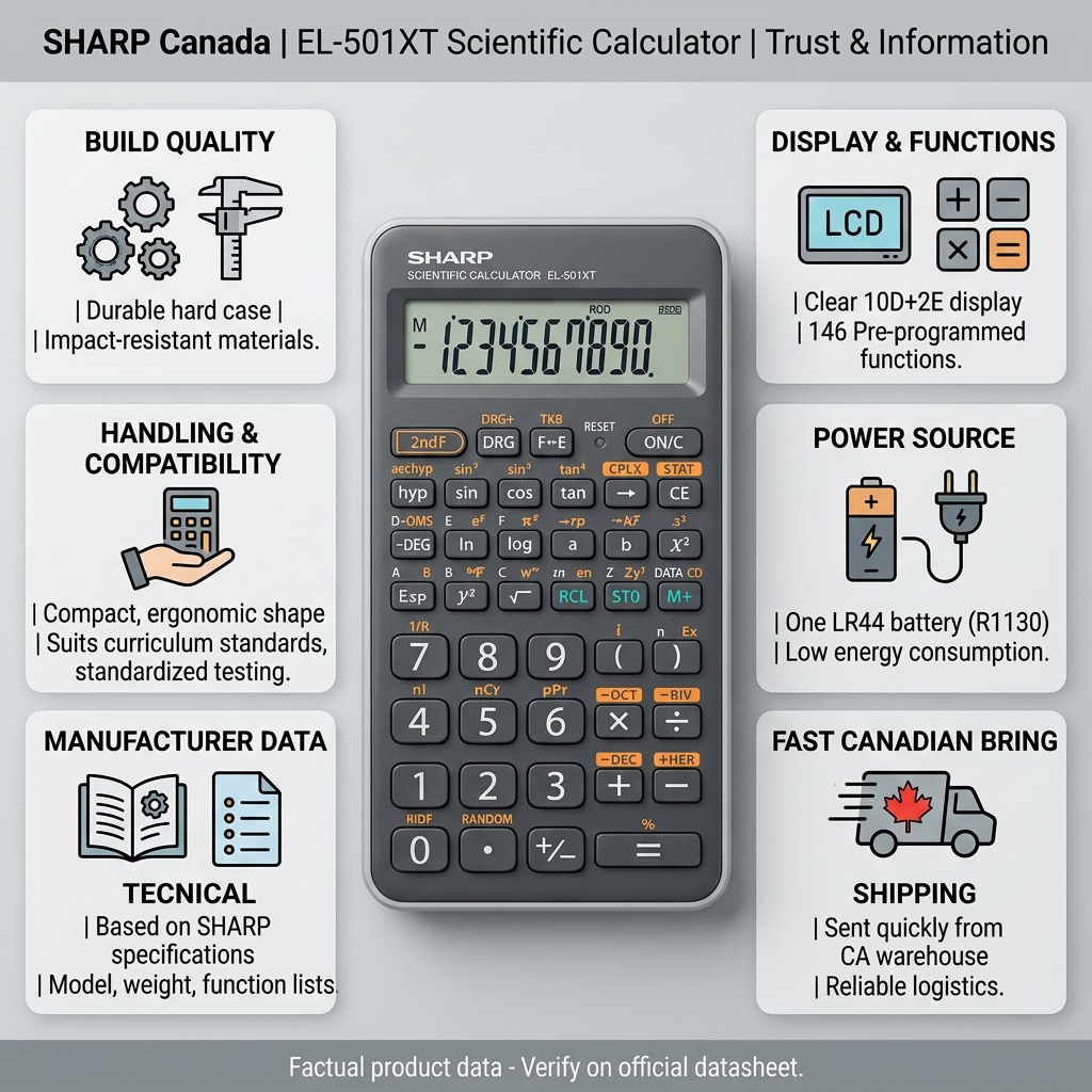 PDP visual matrix infographic for SHARP EL501XTGY calculator with icons for build, shipping, and datasheets.