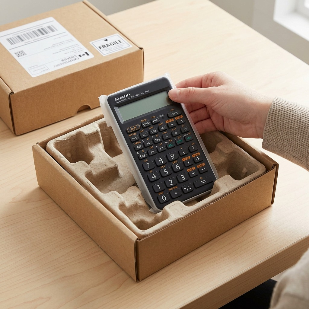 An unboxing scene shows the SHARP EL501XTGY calculator protected in cushioning material near an open shipping box.
