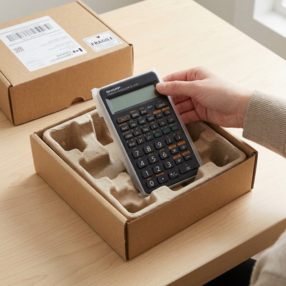 An unboxing scene shows the SHARP EL501XTGY calculator protected in cushioning material near an open shipping box.
