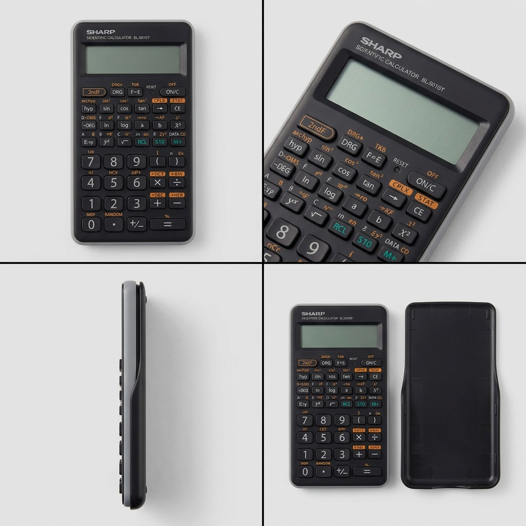 PDP image matrix showcasing front, angled, and layered side views of the gray SHARP EL501XTGY scientific calculator.