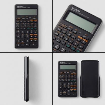 PDP image matrix showcasing front, angled, and layered side views of the gray SHARP EL501XTGY scientific calculator.