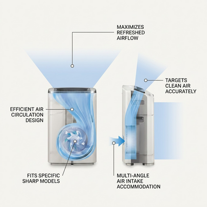 Ecommerce infographic callout matrix for SHARP FZC100HFU filters. Diagrams feature clean flow visualization: 1) MAXIMIZES REFRESHED AIRFLOW (top outlet), 2) TARGEST CLEAN AIR ACCURATELY (front-angled outlet), 3) EFFICIENT AIR CIRCULATION DESIGN (internal fan), 4) FITS SPECIFIC SHARP MODELS (filter core), 5) MULTI-ANGLE AIR INTAKE ACCOMMODATION (side intake and full flow path). Factual text and clean design.