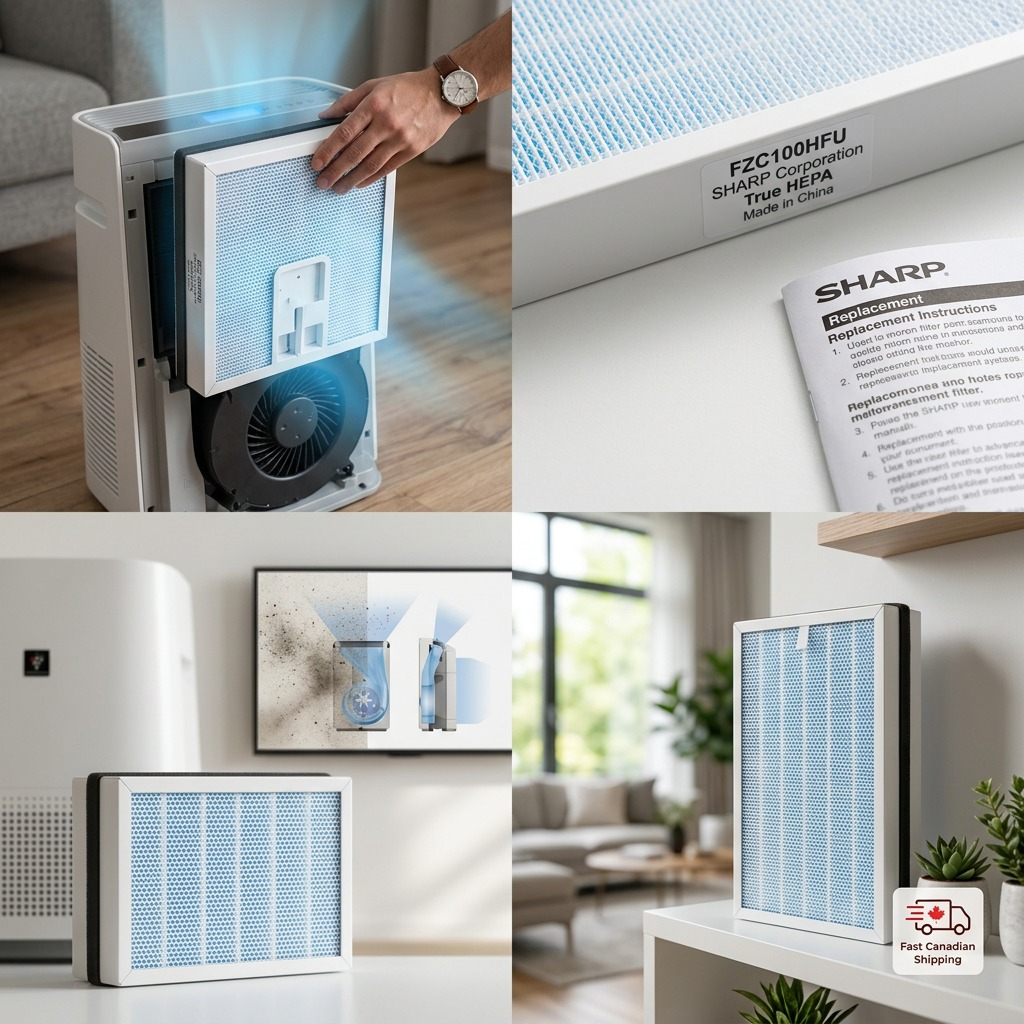 SHARP FZC100HFU HEPA filter inside an active air purifier in a clean, modern home living room.