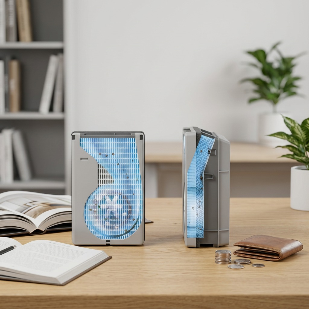 SHARP FZC100HFU filters shown with coins, a wallet, and books on a desk for scale.