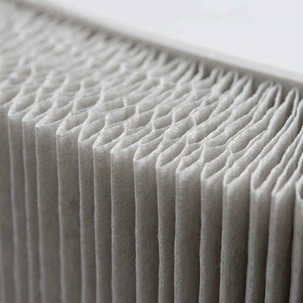 An extreme close-up photograph showcasing the intricate texture and precision pleats of the SHARP FZC100HFU HEPA air filter.