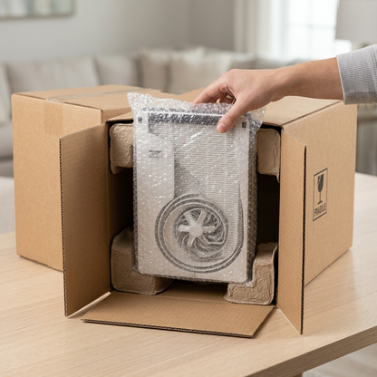 Unboxing a SHARP FZC100HFU HEPA filter in protective, recycled shipping materials.