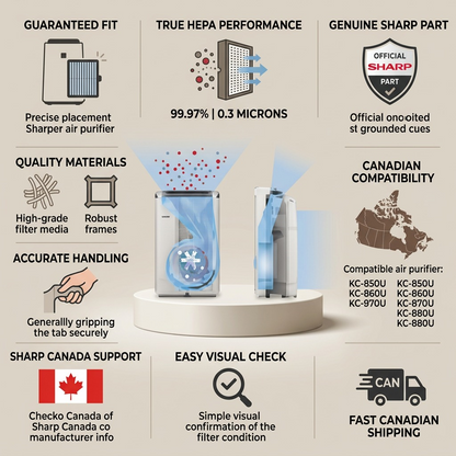 Infographic matrix detailing key features, specifications, and support for the SHARP FZC100HFU replacement filter.