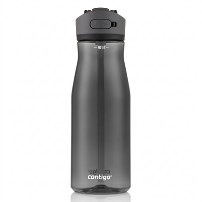 A flawless hero shot of the Contigo 40 oz Ashland 2.0 Licorice water bottle on a pure white background. The smoky grey bottle retains all original markings and the distinct grey lid.
