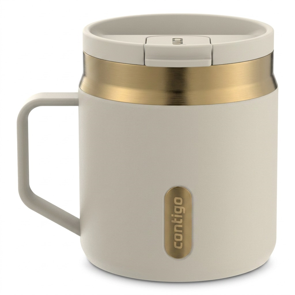 Contigo 14oz SnapSeal Travel Mug in Oatmilk finish with gold PVD band, handle, and leak-proof lid.