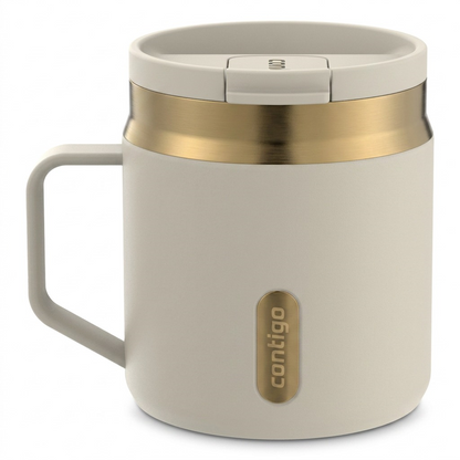 Contigo 14oz SnapSeal Travel Mug in Oatmilk finish with gold PVD band, handle, and leak-proof lid.