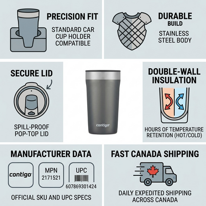 A trust and authority infographic for the Contigo Streeterville 16oz Sake Tumbler, displaying key features, material details, and fast Canadian shipping.