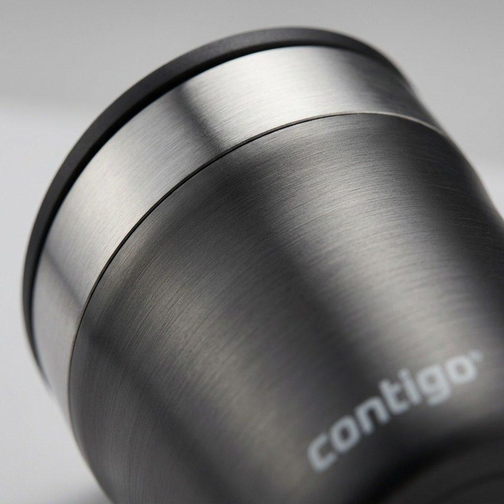 Extreme close-up of the textured charcoal gray finish and "contigo" logo on a metal tumbler.
