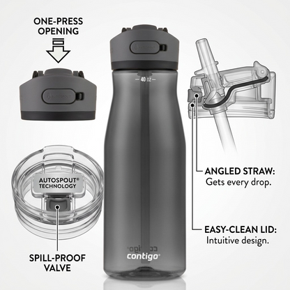 Operational feature callouts for Contigo 40 oz Autospout bottle showing spill-proof valve and angled straw.