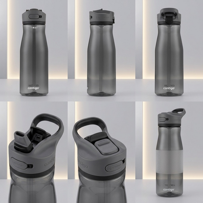 A visual matrix showing six views of a Contigo Ashland 2.0 Licorice bottle on a neutral background.