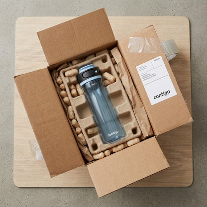 An open box reveals the Contigo Glacier water bottle nestled in secure packing foam.