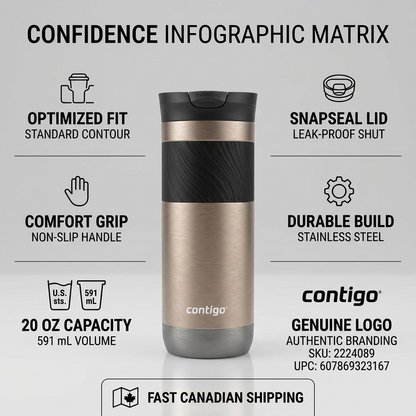 Factual confidence infographic for Contigo Byron 2.0 mug with key features and specs.