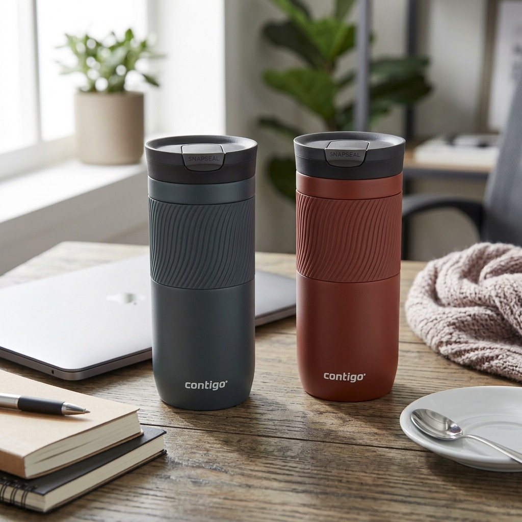 Lifestyle photo of Contigo Byron 2.0 16oz mugs on a wooden desk with a laptop and coffee.