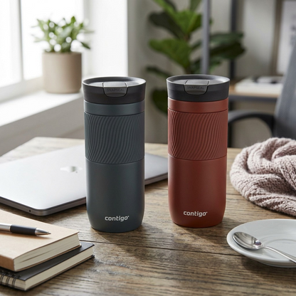 Lifestyle photo of Contigo Byron 2.0 16oz mugs on a wooden desk with a laptop and coffee.