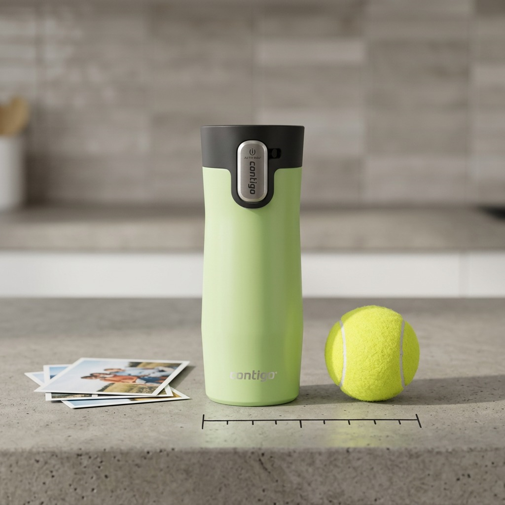A visual scale reference image comparing the light green Contigo travel mug to a tennis ball.