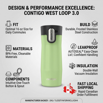 An infographic featuring the Contigo West Loop 3.0 mug highlighting design, performance, and key specs.