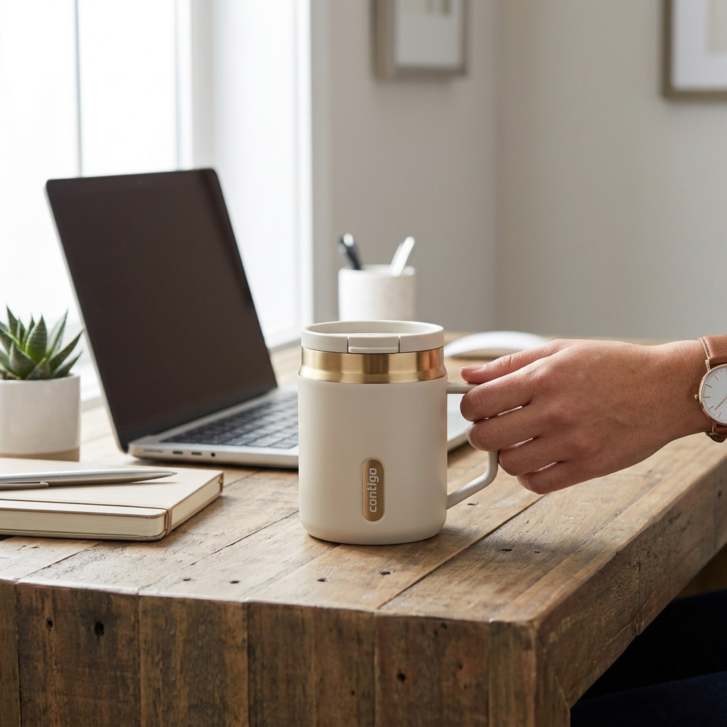 A person holds the handle of the Oatmilk Contigo SnapSeal Travel Mug on a wooden desk near a laptop.