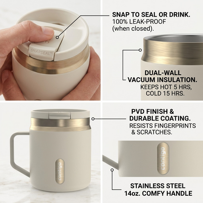 Feature diagram of the Contigo 14oz SnapSeal Travel Mug in Oatmilk detailing its leak-proof lid.