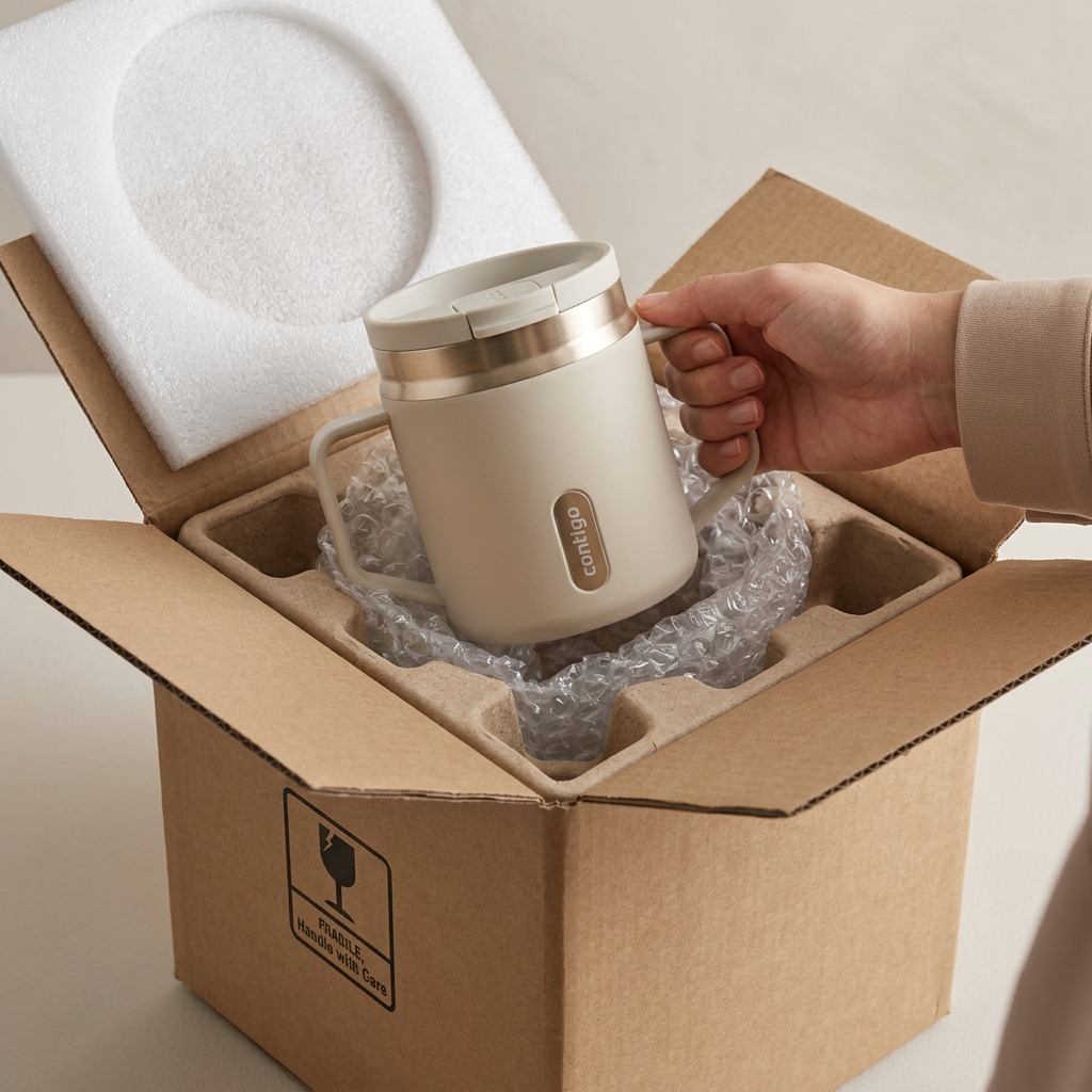 Hand lifting a Contigo Oatmilk Snapseal mug from secure shipping box with foam and bubble wrap.