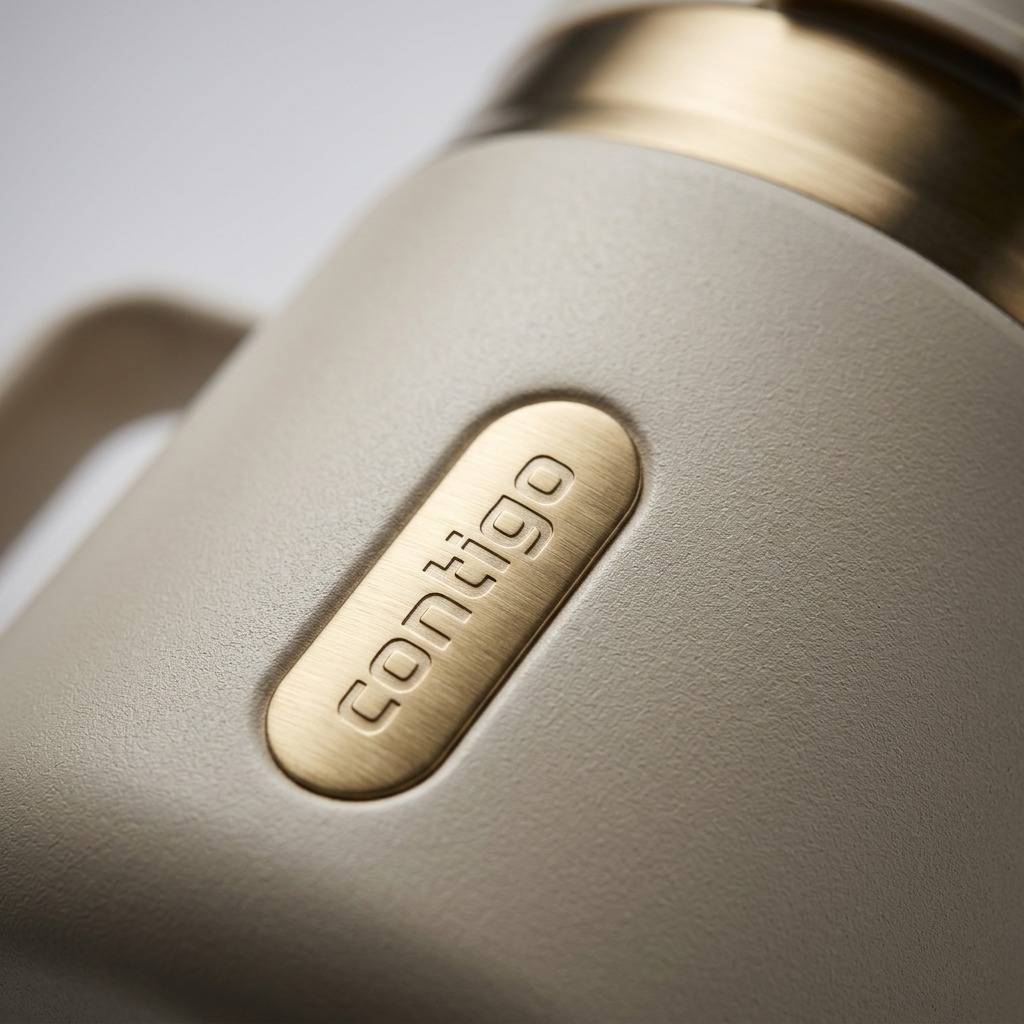 Macro view of the Contigo 14oz Mug in Oatmilk, showing textured body and brushed gold logo detail.