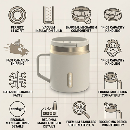 Infographic for the Contigo 14oz SnapSeal Oatmilk Travel Mug showing its vacuum insulation and fit.