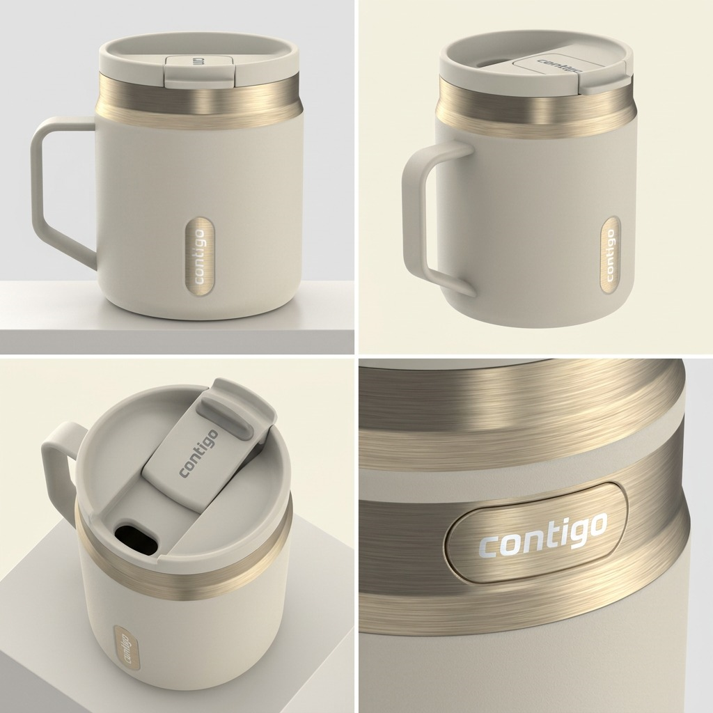Four views of the Contigo 14oz SnapSeal Travel Mug in Oatmilk finish with gold PVD accents.