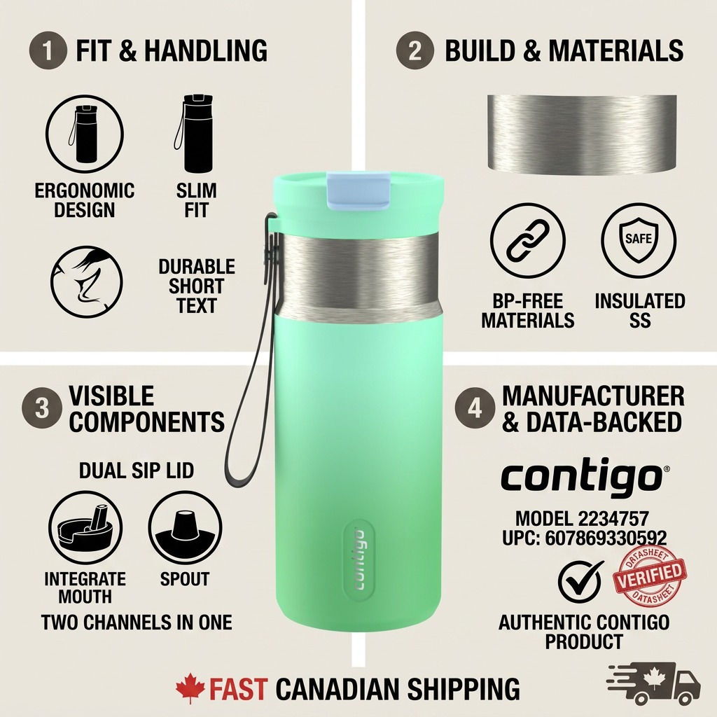 Infographic for Contigo 2234757 water bottle detailing features, materials, and tech specs for trust.