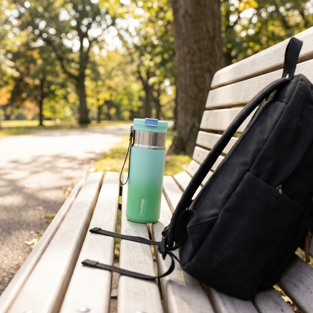 PDP lifestyle photo: The 16 oz Contigo Tween Dual Sip bottle, in mint ombre, on a school gym bench next to a backpack. (98 characters)