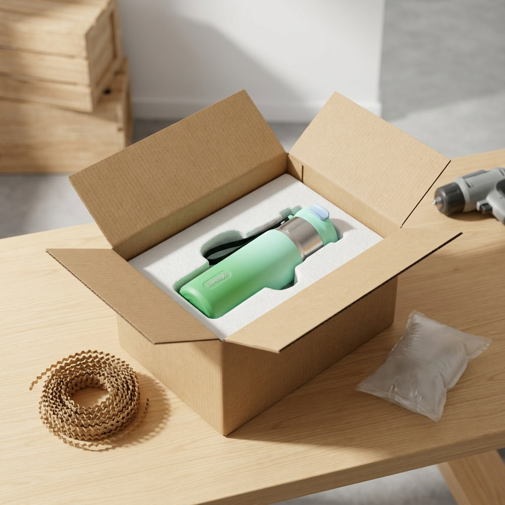 A high-resolution product shot showing the Contigo water bottle from image_0.png snugly protected in a custom die-cut foam insert within an open natural cardboard shipping carton, conveying a secure and damage-free delivery experience.